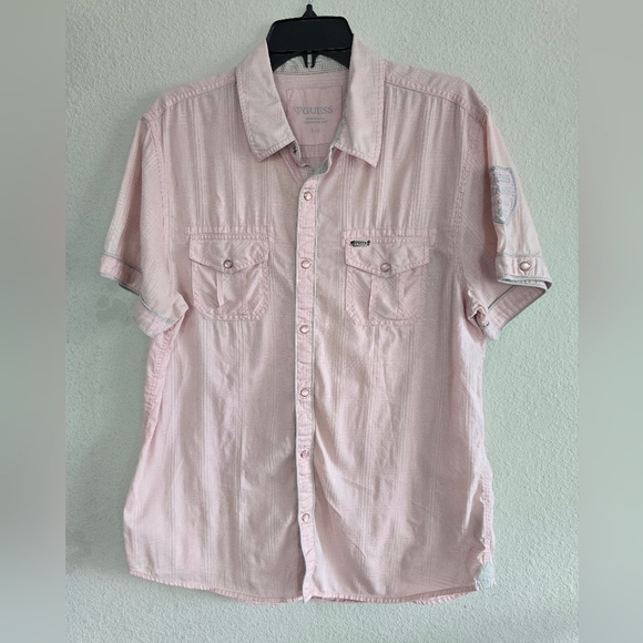 VTG Guess Shirt Men Sz Large Pink Snap Buttons Short Sleeve Pockets Cssual - Picture 2 of 15